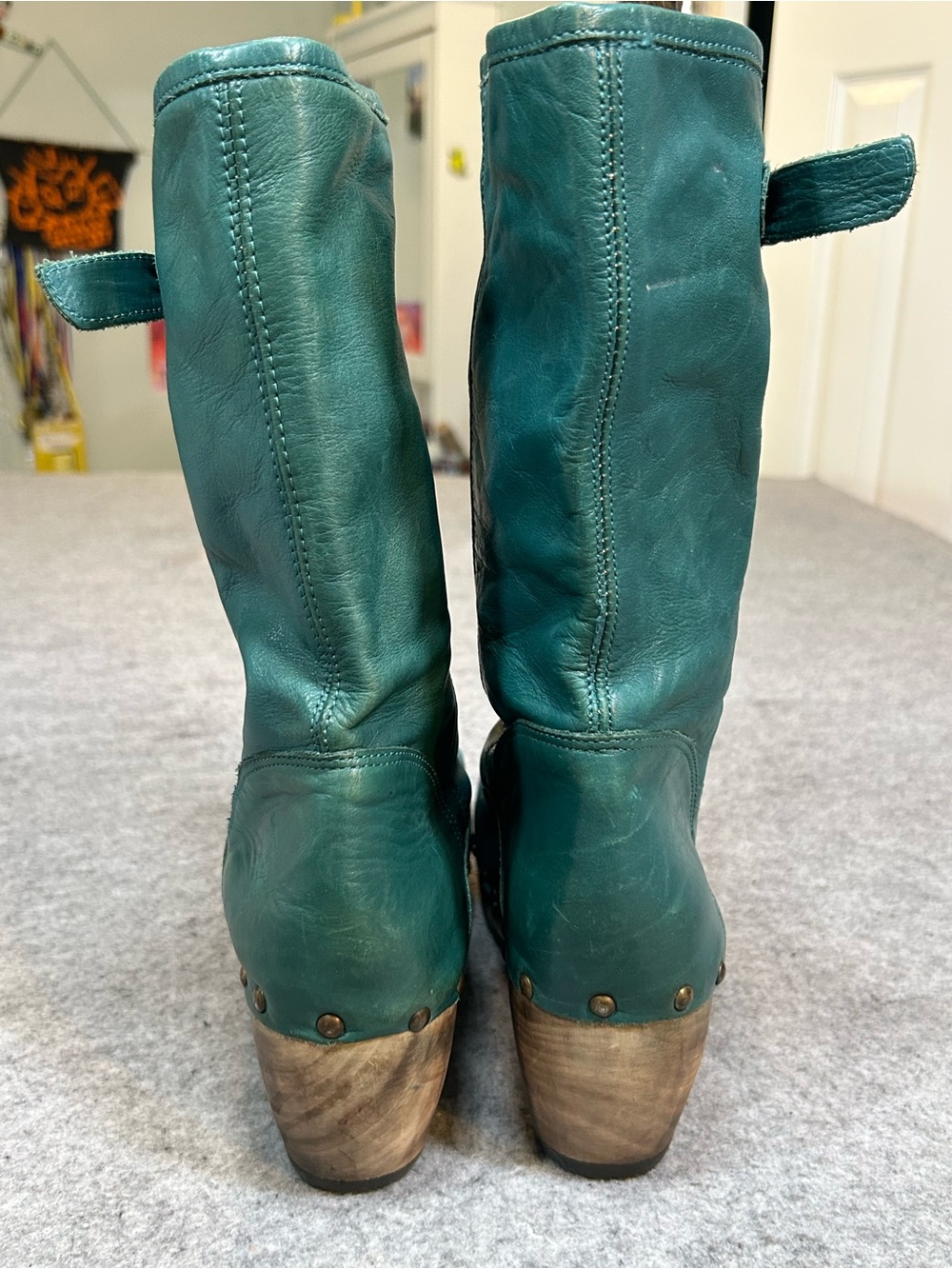 BRONX Wedge buttery teal leather boots studded Round Toe Leather Shoes W 10 eu 4 - Picture 2 of 16